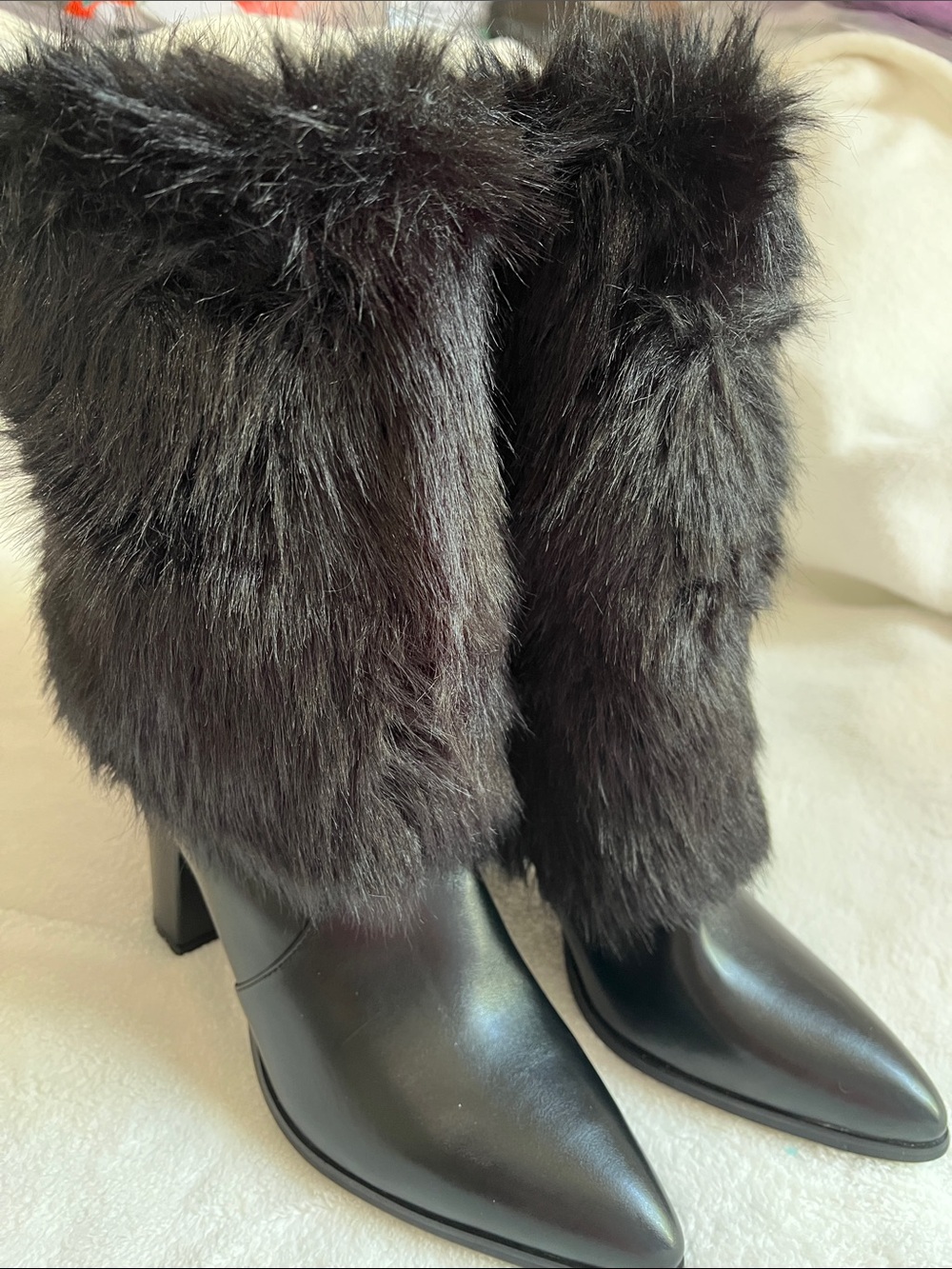 Faux-Fur Trim Pointed-Toe Black Heeled Boots